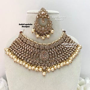 Conjunto de collar Polki de oro antiguo / conjunto nupcial indio / joyería Kundan y Polki de alta calidad / joyería de Bollywood