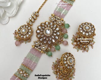 Premium quality kundan pearls Choker Set/ Indian Jewelry/unique Kundan choker set/Indian jewelry set/Bridal jewelry/pink mint