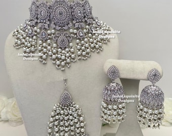 Silver Polki Necklace Set /Indian Jewelry/ High Quality Kundan and Polki Jewelry/Silver bridal set with Jhoomer/Passa/side head piece