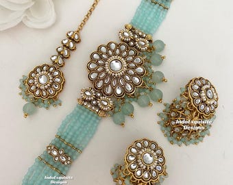 Conjunto de gargantilla de perlas Kundan de primera calidad / Joyería india / Conjunto de gargantilla Kundan único / Conjunto de joyería india / Joyería nupcial / Azul cielo / Feroza / Ferozi