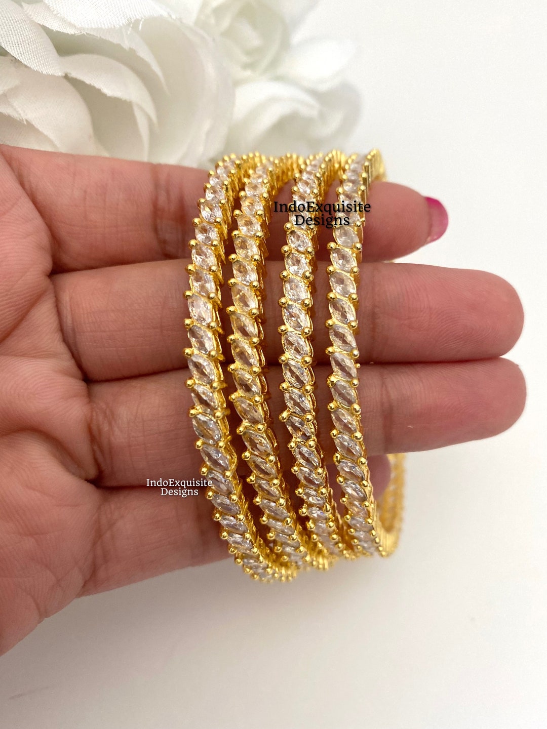 Gold Plated American Diamond Bangles Set of 4 Pcs/cz Bangles/polki