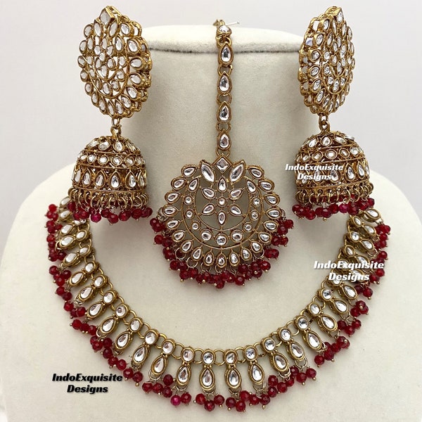 Parure de collier Kundan/Bijoux indiens/Collier Kundan Polki/Bijoux de haute qualité/Bordeaux