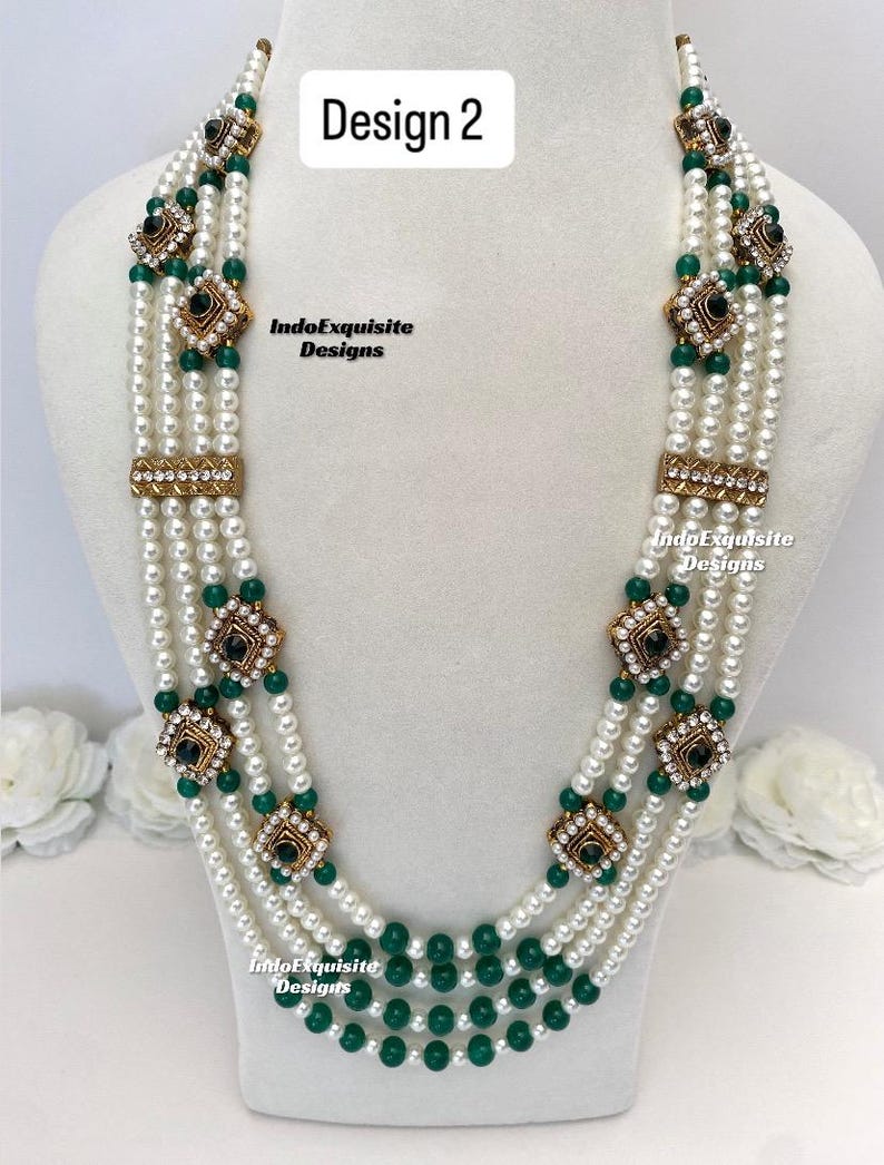 Vackra pärlor Flerskiktad grön brudgum mala set/Handpärlhalsband set/Indiska bröllopssmycken/Sherwani Mala bild 2