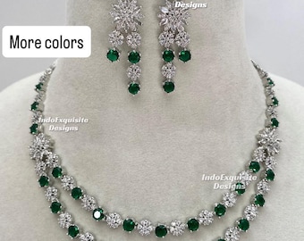 Silver double layer American Diamond Necklace Set / CZ Necklace/Indian Jewelry/ double layer/2 layered AD necklace