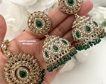 Polki Jhumki Earrings and Tikka Set/ Indian Jewelry/ Bollywood Jewelry/ High Quality Jewelry/ Punjabi Jewelry