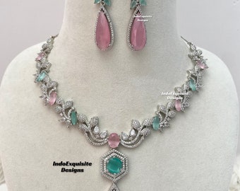 American Diamond Necklace Set/ CZ Necklace/ Reception Jewelry/ Bollywood Jewelry/Silver pink mint