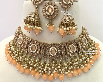 Magnifique ensemble ras de cou polki en or antique/bijoux indiens/bijoux kundan polki de haute qualité/pêche