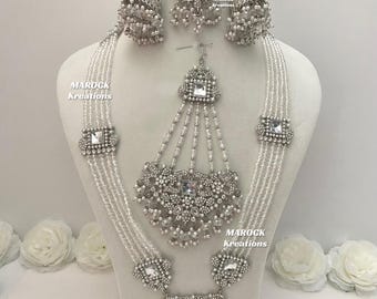 Premium Quality Silver Pakistani Long necklace set/ Rani haar set/Pakistani Bridal Jewelry/Zircon bridal set/Nikah jewelry/Reception Jewelry