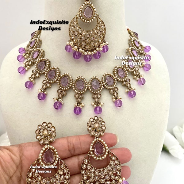 Antique Gold Polki Necklace Set / Indian Jewelry/ High Quality Kundan and Polki Jewelry/Bollywood Jewelry