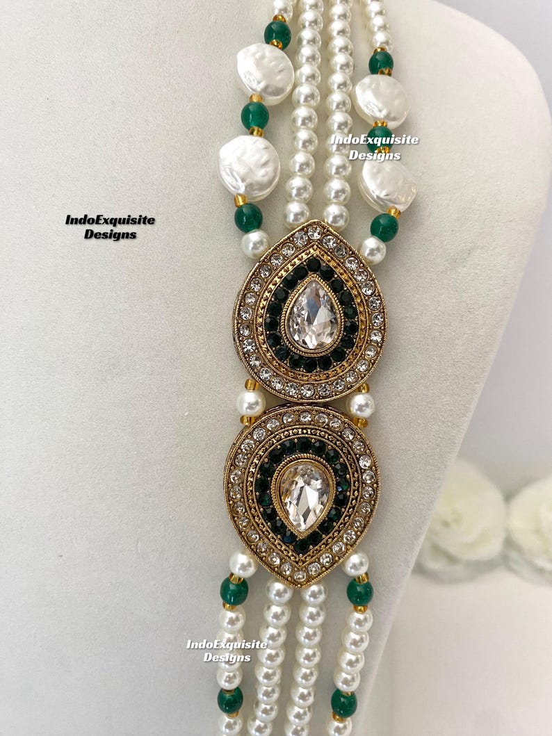 Vackra pärlor Flerskiktad grön brudgum mala set/Handpärlhalsband set/Indiska bröllopssmycken/Sherwani Mala bild 7