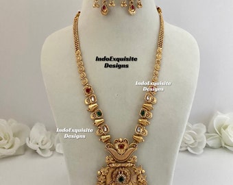 Matt gold Finish polki kundan long necklace with earrings /Indian Jewelry/matt finish temple jewellery/South Indian/Rajwadi Necklace