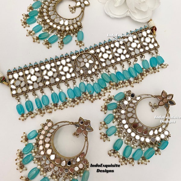 Antique Gold mirror choker Set/ Indian Jewelry/ High Quality Kundan and Polki Jewelry/Bollywood Jewelry/sky blue/Firozi