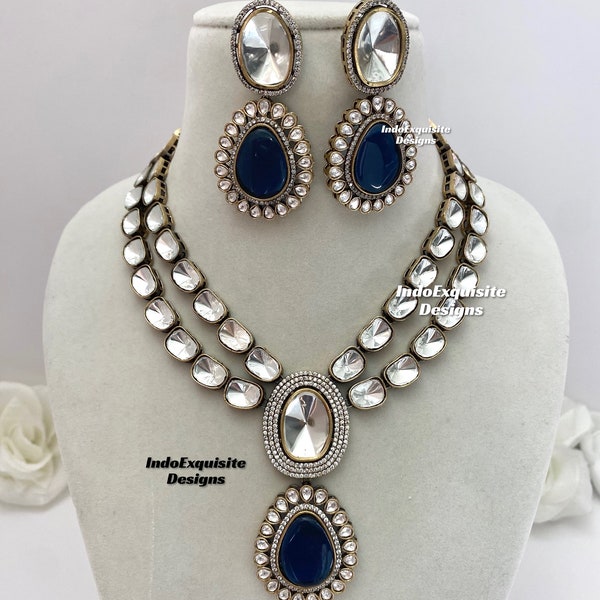 Premium Quality tyani inspired uncut Kundan Moissanite necklace set/ Real uncut Kundan double layer necklace/Navy Blue