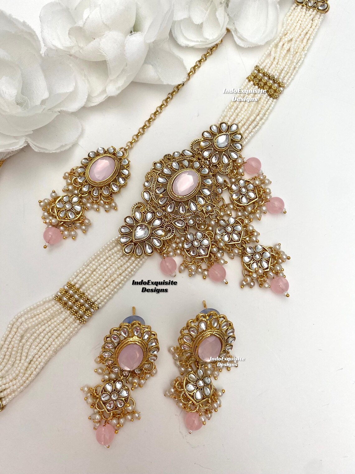 Handcrafted Red Kundan & Pearl Choker Set Ethnic Indian Jewelry with Earrings main image 1