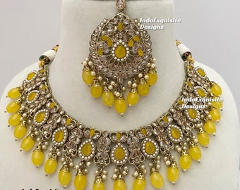 Antique Gold Polki Necklace Set /Indian Jewelry/ High Quality Kundan and Polki Jewelry/Bollywood Jewelry/yellow color