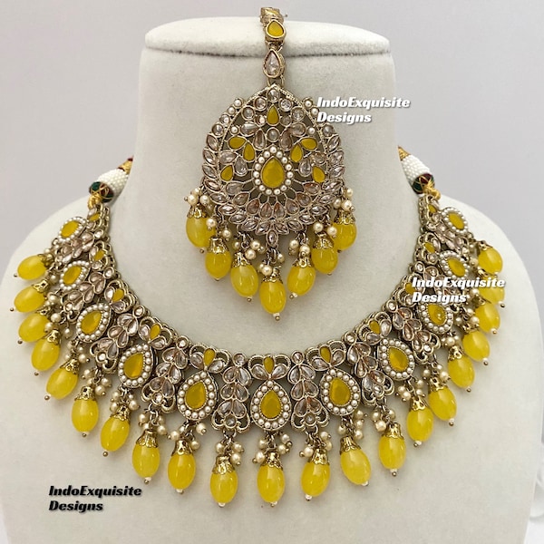 Antique Gold Polki Necklace Set /Indian Jewelry/ High Quality Kundan and Polki Jewelry/Bollywood Jewelry/yellow color