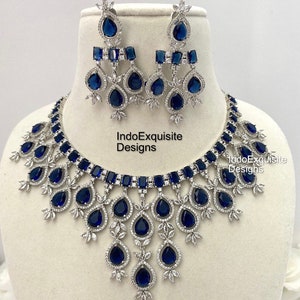 American Diamond Necklace Set / CZ Necklace/Indian Jewelry/ Reception Jewelry/ Bollywood Jewelry/ Statement Necklace Set/Silver Navy Blue