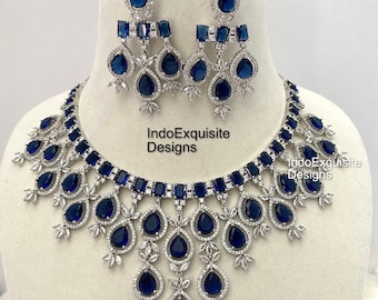 American Diamond Necklace Set / CZ Necklace/Indian Jewelry/ Reception Jewelry/ Bollywood Jewelry/ Statement Necklace Set/Silver Navy Blue