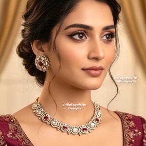May include: A woman wearing a gold-coloured necklace and matching earrings. The jewellery features red and clear gemstones. The woman is wearing a maroon-coloured top with ornate embroidery. The image has the text "IndoExquisite Designs".