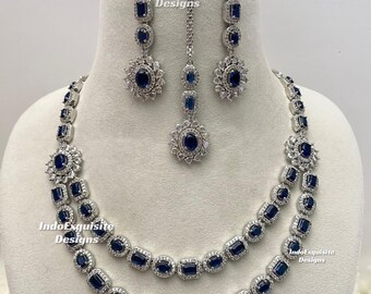 American Diamond double layer Necklace Set/CZ Necklace/Indian Jewelry/ Statement AD necklace set/Reception necklace set
