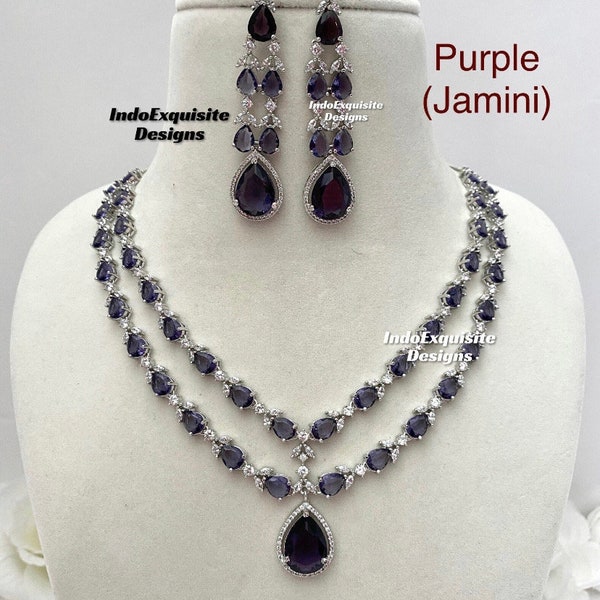 American Diamond Necklace Set / CZ Necklace/Indian Jewelry/ Silver purple(Jamini color)/ Bollywood Jewelry/2 layered AD necklace