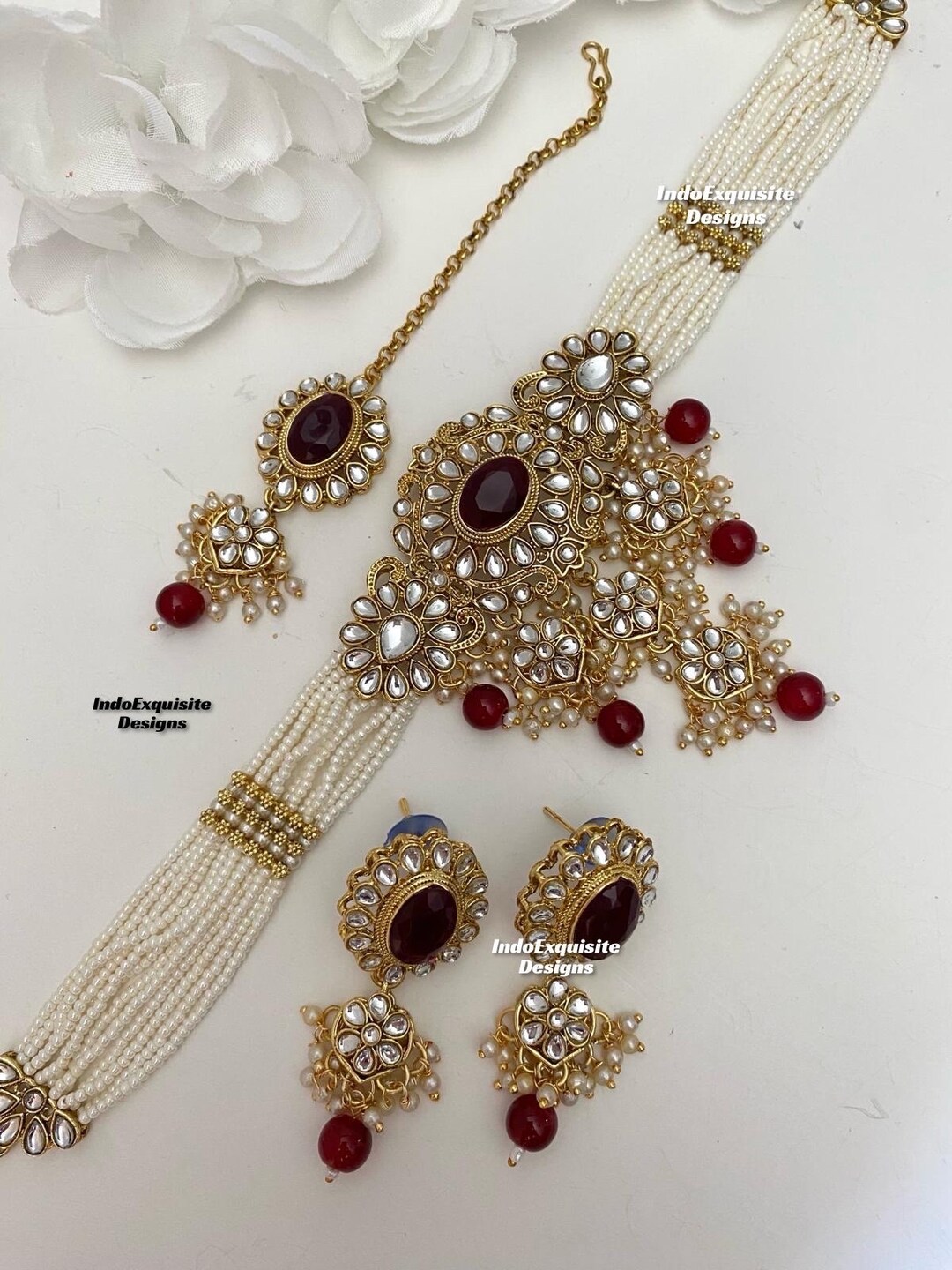 Handcrafted Red Kundan & Pearl Choker Set Ethnic Indian Jewelry with Earrings main image 0