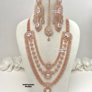 アメリカンダイヤモンドロングネックレスセット / CZネックレス / インディアンジュエリー / 3層ADロングネックレス / ローズゴールドカラー