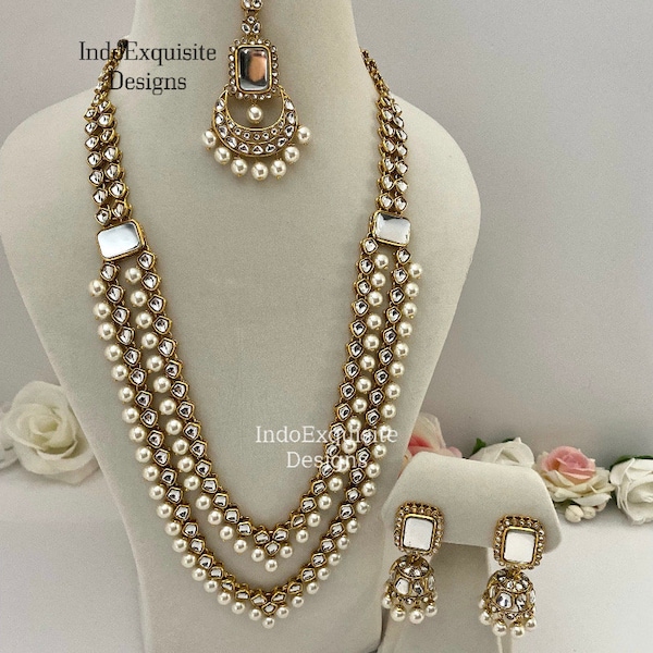 Bollywood Style Kundan Raani haar/long Necklace Set/ Indian Jewelry/ High quality kundan Mala Set/ Pearl long necklace/ bridal long Necklace