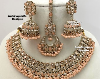 Ensemble de colliers polki en or antique de couleur pêche / Bijoux indiens / Bijoux Kundan et Polki de haute qualité / Bijoux Bollywood