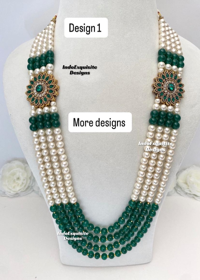 Vackra pärlor Flerskiktad grön brudgum mala set/Handpärlhalsband set/Indiska bröllopssmycken/Sherwani Mala bild 1