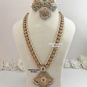 Antique gold Polki Raani haar/Pink mint long Necklace/Indian Jewelry/ Bollywood jewelry/ bridal long Necklace/pink mint rani haar