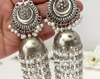 Pendientes largos de perlas Jhumki de plata oxidada/Joyería india/ Joyería de Bollywood/Joyería oxidada/Joyería afgana/Joyería boho