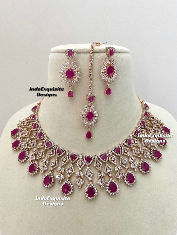 Zircon Rose Gold Polish Baby Pink Color Stone Necklace Set