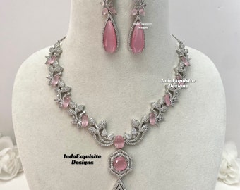 American Diamond Necklace Set/ CZ Necklace/ Reception Jewelry/ Bollywood Jewelry/Silver pink