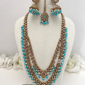 Antique gold Polki double layer Raani haar/ long Necklace/Indian Jewelry/ Bollywood jewelry/ bridal long Necklace/sky blue/firozi