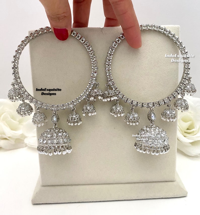 Jhumka Rhinestone Silver Base Polki Multi Jhumki Bangles/kade/indian Wedding Jewelry ...