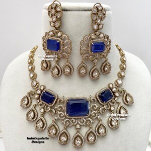 Navy blue premium quality doublet stone Sabyasachi inspired moissanaite Kundan Polki necklace with american diamond stone/statement necklace