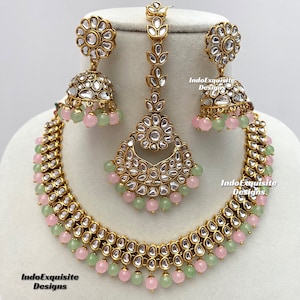 Kundan Necklace Set/Indian jewelry/Kundan Polki Necklace/High quality jewelry/pink mint