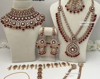 Elegant Kundan bridal set comes with all accessories/ Indian bridal jewelry/ high quality Gold plated kundan and Polki jewelry/Maroon color