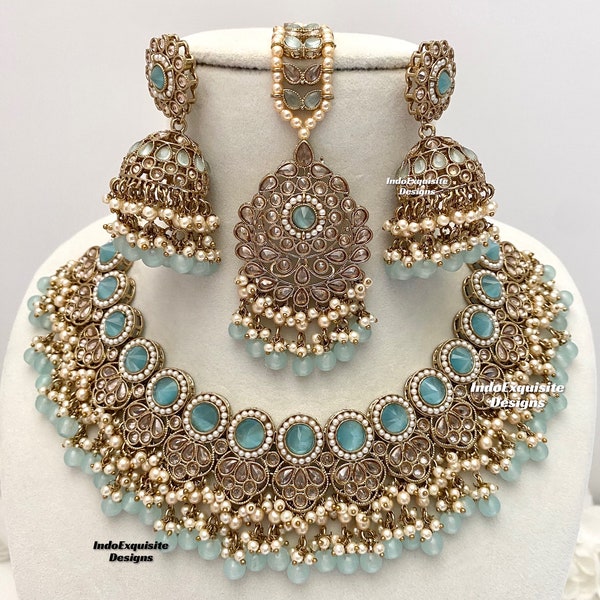 Golden, Sky blue Kundan Polki Agates, Nacklaces