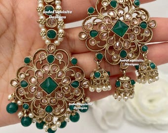 Premium quality Antique gold Polki statement Earrings and Tikka Set/ Indian Jewelry/ Bollywood Jewelry/  Antique gold reverse ad tikka set