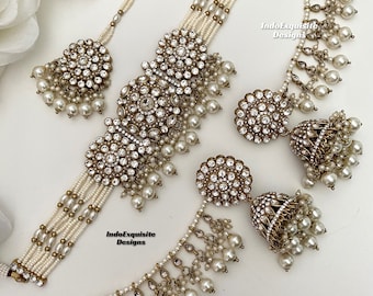 Elegant Antique gold color Pakistani  choker Set/Pakistani pearls choker with saharey earrings/high quality jewelry/Reception