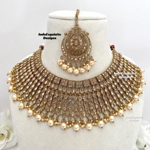 Conjunto de collar de polki de oro antiguo / Conjunto de collar de novia indio / Joyería Kundan y polki de alta calidad / Joyería de Bollywood