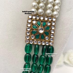 Vackra pärlor Flerskiktad grön brudgum mala set/Handpärlhalsband set/Indiska bröllopssmycken/Sherwani Mala bild 9