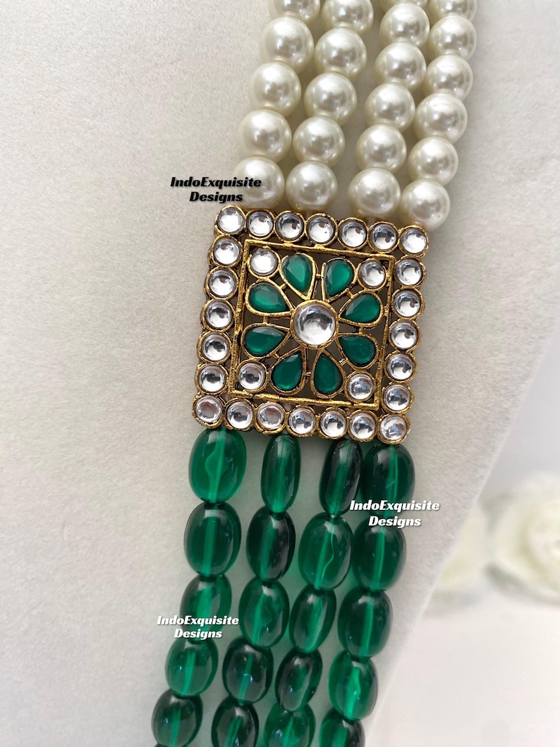 Vackra pärlor Flerskiktad grön brudgum mala set/Handpärlhalsband set/Indiska bröllopssmycken/Sherwani Mala bild 9