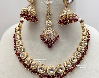 Premium Quality Kundan Necklace Set/Indian jewelry/Kundan Polki Necklace/High quality jewelry/single line necklace set