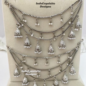 Elegant Silver 3 layers jhumki saharey (pair)/ kann chain/Bahubali chains/Indian Jewelry hair accessories