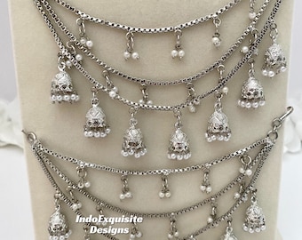 Elegant Silver 3 layers jhumki saharey (pair)/ kann chain/Bahubali chains/Indian Jewelry hair accessories