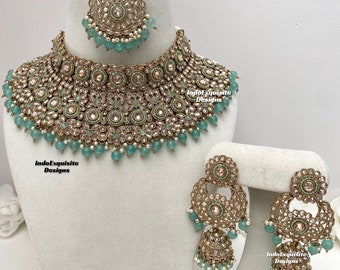 Conjunto de collar nupcial Polki de oro antiguo/conjunto nupcial indio/ joyería Kundan y Polki de alta calidad/collar elegante gargantilla adjunta/menta