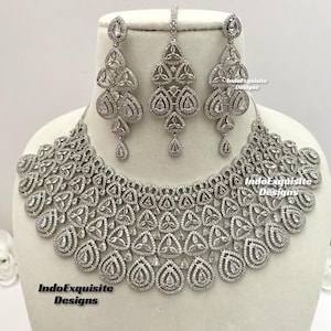 American Diamond Necklace Set in Silver/CZ Necklace/Indian Jewelry/ Reception Jewelry/ Bollywood Jewelry/Bridal Set
